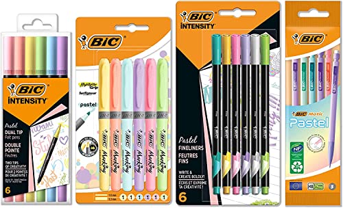 BIC Schreibwaren Set Pastell à 23: 6 Textmarker, 5 Fineliner, 6 Bleistifte, 6 Dual Tip Brush Pens, jeweils in verschiedenen Pastellfarben, 1 Stück (23er Pack)