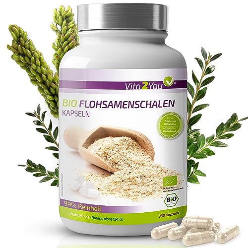Vita2You Bio Flohsamenschalen Kapseln - 360 Kapseln - 750mg pro Kapsel - Flohsamen Schalen hochdosiert - Biologischer Anbau - Premium Qualität