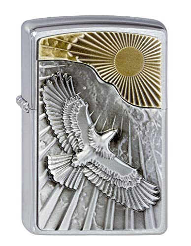 Zippo Sturmfeuerzeug - Eagle Sun-Fly, Brushed Chrome, Emblem - Nachfüllbar - Wiederverwendbar - Windfestes Design - Geschenkbox - Made in USA