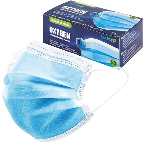 B-well OXYGEN Masken Medizinisch Mundschutzmasken OP Masken 3-lagig Mundschutz Gesichtsmaske Einwegmaske (Blau 50 stück)