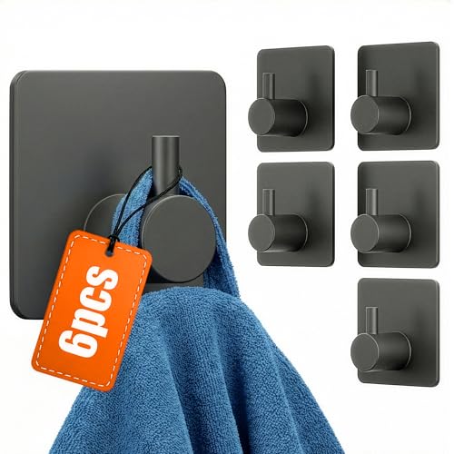 MINISMUS Handtuchhaken Selbstklebend ohne Bohren, Handtuchhalter Haken zum Kleben Bad Küche Schwarz, Klebehaken Badezimmer Schwerlast 5kg, Haken Selbstklebend Edelstahl, 6er Set