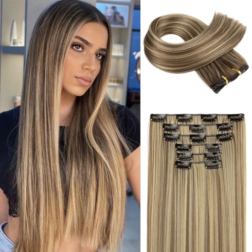 FLUFYMOOZ 6PC Clip in Hair Extensions, 6-teiliges Clip-in-Haarverlängerungsset, 61 cm, glatt, lang, Extensions für Frauen, synthetisches Haarteil (Braun mit blonden Highlights)