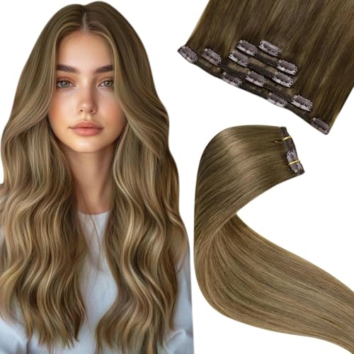 LaaVoo Echthaar Extensions Clip in Aschiges Hellbraun mit Beigenuancen Clip in Extensions Echthaar Remy Menschenhaar für Party Doppelt Tressen 30cm 5pcs 80g #6/8/14