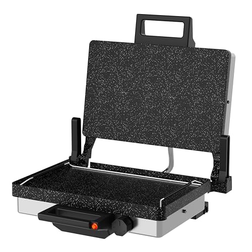 Roland Germany Multigrill, 2000W Elektro-Kontaktgrill, Schwarz, 340x220mm Grillplatten, 5-Stufen Temperaturregelung, für Lahmacun, Fleisch, Toast und Gemüse (1, Granit)