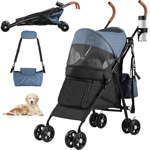 YITAHOME Haustierbuggy für mittelgroße Hunde, 4-Rad-Hundebuggy mit Schultergurten, faltbarer Haustier-Reisewagen mit Getränkehalter und Aufbewahrungstasche (Blau Schwarz)