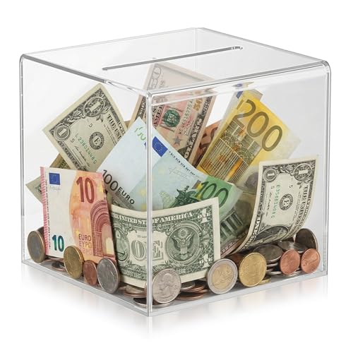 Transparent Spardose Nicht zum öffnen, Spardosen, Geldsparkasse, Klare Acryl Spardose Durchsichtig Spar Box für Scheine Sparschwein für Erwachsene(12x12x12cm)