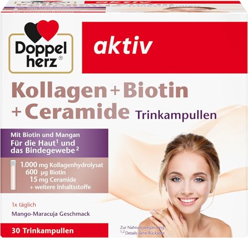 Doppelherz Kollagen + Biotin + Ceramide - Biotin, Vitamin B2, Niacin und Zink unterstützen den Erhalt normaler Haut - 30 Trinkampullen mit Mango-Maracuja-Geschmack