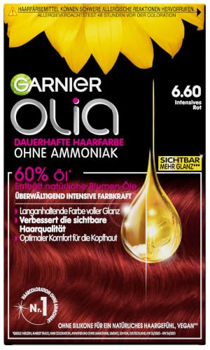 Garnier Olia Dauerhafte Haarfarbe 6.6 Intensives Rot, ohne Ammoniak, permanente Coloration, bis zu 100% Grauabdeckung, langanhaltende Farbe bis zu 8 Wochen, intensiver Glanz & Pflege, 1Stk.
