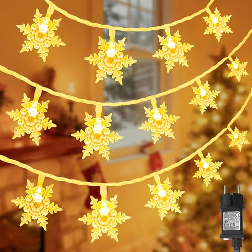 Gcstnn Lichterkette Außen Schneeflocke, 15M 100er LED Warmweiß Schneeflocke Lichterkette Stecker mit Timer 8 Modi Wasserdicht Lichterkette für Weihnachtsbeleuchtung, Party, Garten, Weihnachten Deko