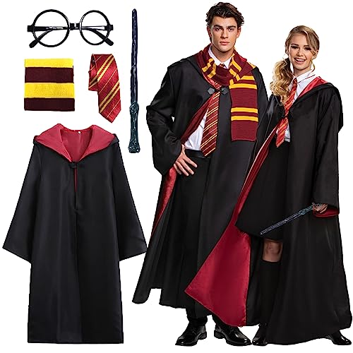 Kitimi Magic Robe, Umhang,4PCS Zauberer Cosplay Kostüm für Erwachsene,with Cape,Magic Wand,Glasses,Scarf,Tie,Halloween Wizard Costume for Cosplay,Carnival,Fancy Dress XL