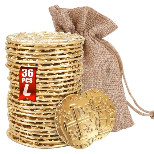 SORAYUXI 36 PCS Metall Goldmünzen,Piraten Münzen Zubehör,DND Piratenmünzen,Goldtaler Deko Dublonen für DND Brettspiele, Cosplay, Realistische Mittelalter Geld-Imitation
