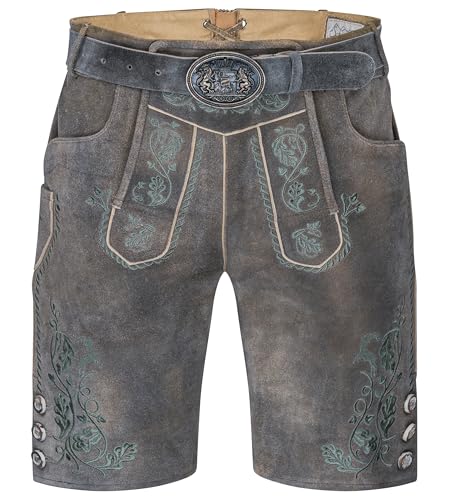Schöneberger Trachten Couture Herren Lederhose kurz mit Trachtengürtel – Traditionelle bayerische Trachtenhose Vintage für Oktoberfest braun Original Nubukleder Moosbach (52)