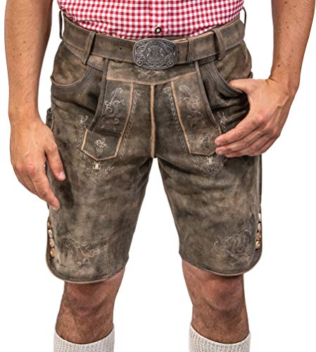 Schöneberger Trachten Couture Herren Lederhose kurz mit Trachtengürtel, traditionelle Vintage Trachtenhose für Oktoberfest aus hochwertigem Wildbockleder, Jakob (56)