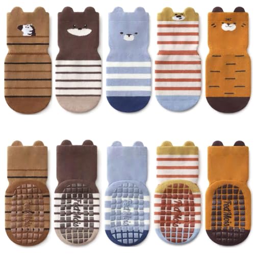 FedMois 5er Pack Baby Kleinkinder ABS rutschfeste Socken Sneaker Socken Tiermotive Baumwolle, Zebra, 1-3 Jahre