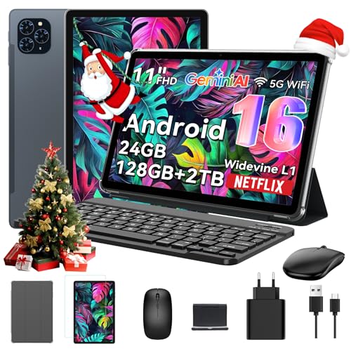 Tablet 2025 Das weltweit erste Android 16 Tablets mit Gemini AI, 11 Zoll FHD Display, 24GB RAM 128GB ROM / 2TB TF, 13MP Kamera, 8000mAh, Widevine L1, 5G WiFi, 2 in 1 - Tablet mit Tastatur und Stift