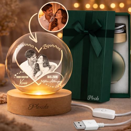Personalisierte Geschenk Für Sie oder Ihn 6 cm oder 8 cm LED Nachtlicht Kristallkugel mit einem Foto im Herzen Glaskugel Lampe aus K9 mit Holzsockel & Warmem Licht-Romantisches Geschenkidee für Paare