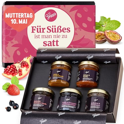 Gepp's Feinkost Frühstück Marmeladen Set I Mini Konfitüren in verschiedenen Geschmacksrichtungen I Geschenk mit Spezialitäten wie Mango Ingwer Erdbeer & Champagner Fruchtaufstrich zum Muttertag