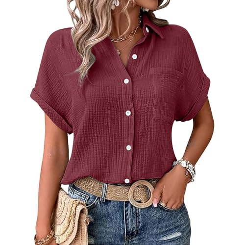 Musselin Bluse Damen，Sommer Button-Down Leinenhemd Oberteile Oversized V Ausschnitt Leinenbluse Bluse Große Größen Leinen Kleidung Musselin Hemd Solide Top