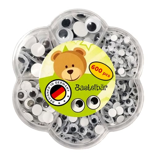 Wackelaugen Selbstklebend • 600 Stück • Premium Kulleraugen selbstklebend • Sortiert • Deutsches Kleinunternehmen • Augen zum Basteln • Bastel Augen für DIY Scrapbooking UVM • Verschiedene Größen