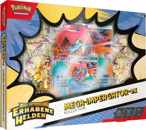 Pokémon-Sammelkartenspiel: Kollektion Mega-Entwicklung – Erhabene Helden: Mega-Impergator-ex (1 holografische Promokarte, 1 überdimensionale Wackelbildkarte und 4 Boosterpacks)
