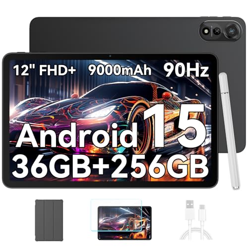 Blackview Mega2WiFi Tablet 12 Zoll Android 15 Tablet mit Stift, 36GB RAM + 256GB ROM(2TB TF), 2K 90Hz FHD+ Display, WiFi6, Octa-Core 2.0GHz, 9000mAh/16MP+8MP/Bluetooth 5.2/Widevine L1/Face ID/GMS