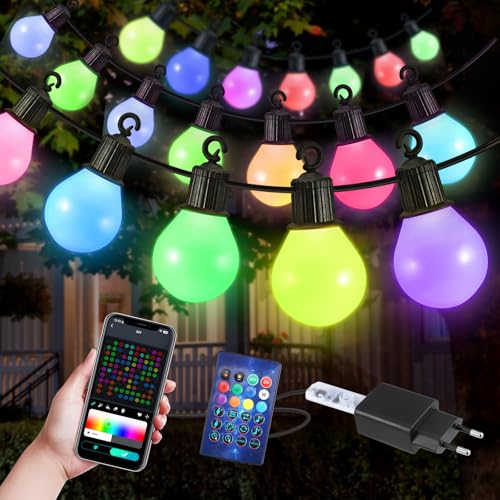 Lichterkette Outdoor, 100ft/30M Lichterkette Außen mit 50 Glühbirnen, Fernbedienung und App, Timer, 16 Millionen Farben und über 58 Szenenmodi, Wasserdichte Led Lichterkette für Party Garten