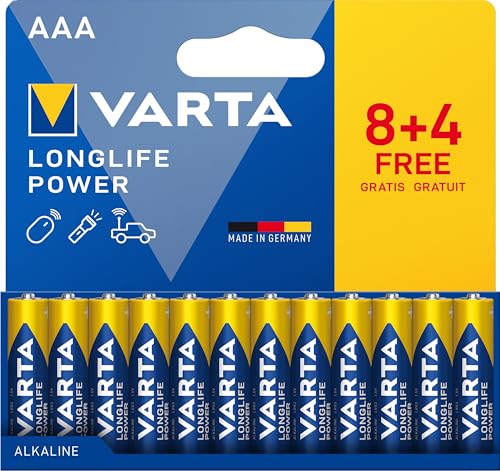 VARTA Batterien AAA, 8+4 (12 Stück), Longlife Power, Alkaline, 1,5V, ideal für Spielzeug, Funkmaus, Taschenlampen, Verpackung zu 90% recycelt, Made in Germany
