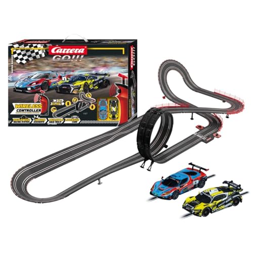 Carrera GO!!! Rennbahn Autorennbahn Super Racers Wireless Set | Grundpackung 62585 | 2 Slotcars inkl. 2 Wireless Handregler mit Turbo-Knopf | inkl. Looping, Fly-Over, Steilkurve und Rundenzähler