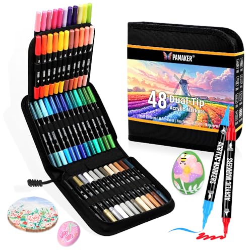 Pamaker 48 Farben Acrylstifte Set – Doppelseitige Spitzen, Multimarker für Steine, Holz, Stoff, Leinwand, Glas, Keramik in Stofftasche – Vielseitige Acrylfarben für Künstler & DIY Projekte