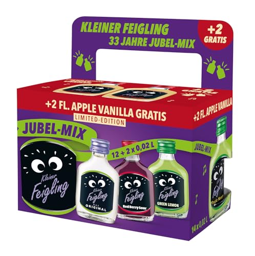 Kleiner Feigling 33 Jahre Jubel-Mix (12 x 20 ml) mit 2 Shots gratis – Der kultige Vodka-Schnaps in 8 fruchtigen Sorten – Frech, fruchtige Shots zum Feiern ideal für unterwegs – 15 % Vol.