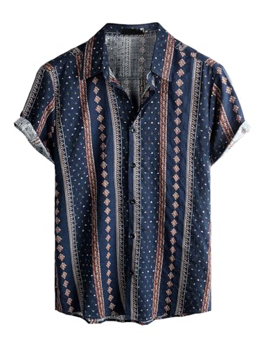 VATPAVE Herren Hawaii Hemd Männer Kurzarm Sommer Freizeithemd Casual Strand Blumen Hawaiihemd X-Large Marine Blau