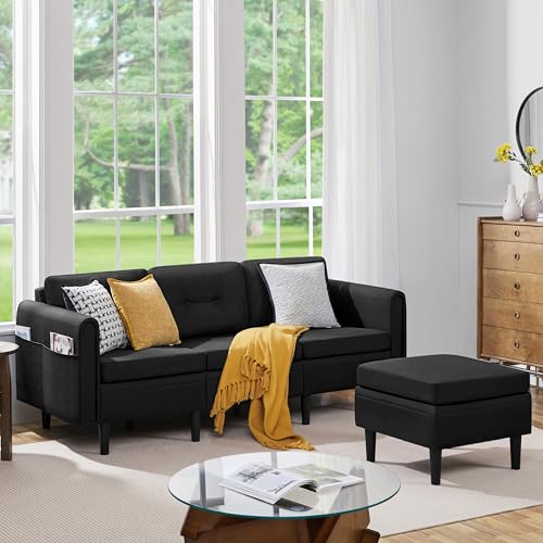 Yaheetech Ecksofa 3-Sitzer Sofa mit Polsterhocker aus Leinenstoff Eckcouch in L-Form Rechts/Links fürs Wohnzimmer/Schlafzimmer/Wohnung, Schwarz