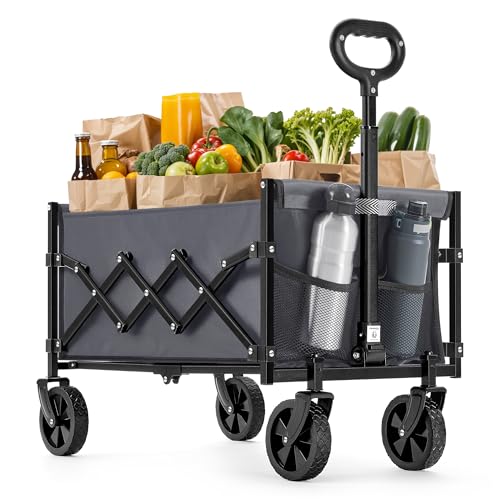 SONGMICS Kleiner Handwagen faltbar, Gartenwagen, kompakt, mit Griff, mit 4 verstärkten Rollen, Davon 2 Universalräder, bis 180 kg belastbar, Outdoor, Garten, 90 L, schiefergrau GFW909G01