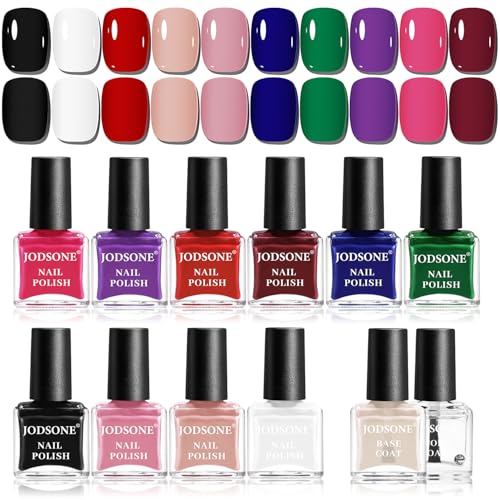 JODSONE 12 PCS Nagellack-Set mit 10 Farben Combo, 2 PCS Base und Top Coat, schnell trocknender Nagellack für Heimwerker bis Anfänger
