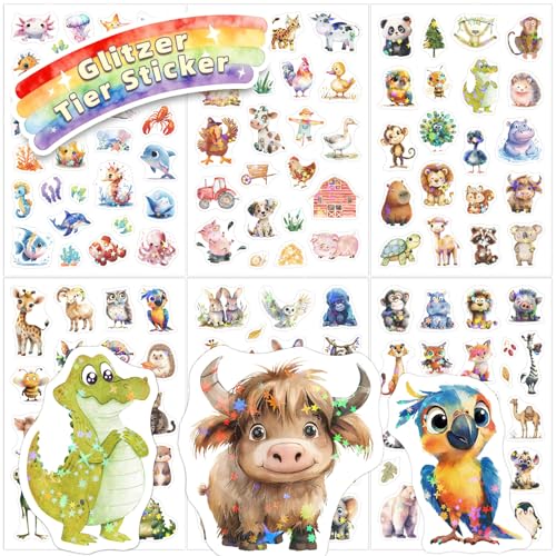 Tier Glitzer Sticker Kinder, 6 PCS mit Glitzereffekt Tiersticker, Aufkleber Holografische Tiere für Skateboards, Helme, Water Bottle, Tablets, Schultaschen, Kühlschränke, Fahrräder, Tischplatten