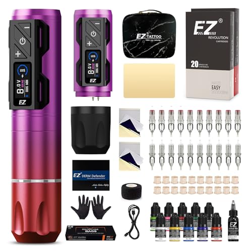 EZ Tattoo Maschinen Set - Tattoo Set mit Kabelloser Tattoo Maschine, 1800mAh Stromversorgung Akku, 20 Stück Tattoo Nadeln and 11 Farben Tinten für Tattoo Anfänger und Künstler (P2S Pro Violett Rosa)