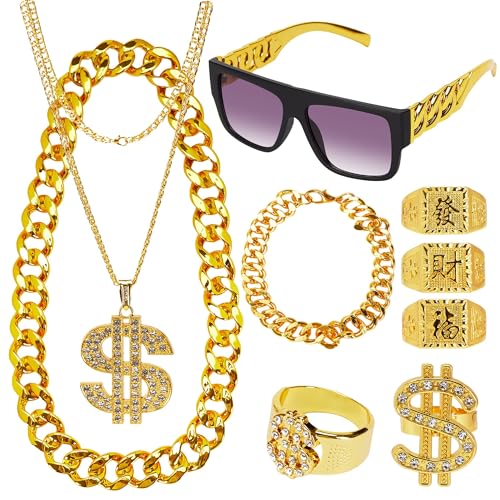 Rilcn Zuhälter Kostüm Herren Set – 80/90er Jahre Hip Hop Gangster Outfit mit Goldkette & Dollar Kette, Rapper Accessoires für Halloween, Karneval & Fasching