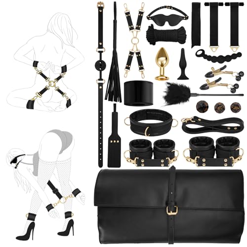 UTIMI BDSM Bondage Set Sex Spielzeug für die Paare - 21PCS SM Sex Toy mit Peitsche Anal Plug und Handschellen für Sexspiele, Fesselset BDSM Kit Sexspielzeug Set Für Liebhaber, Schwarz