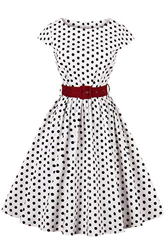 Axoe Damen 50er Jahre Audrey Hepburn Vintage Kleid Rockabilly Cocktail Partykleid Polka Dot- Gr. L (40), Weiß
