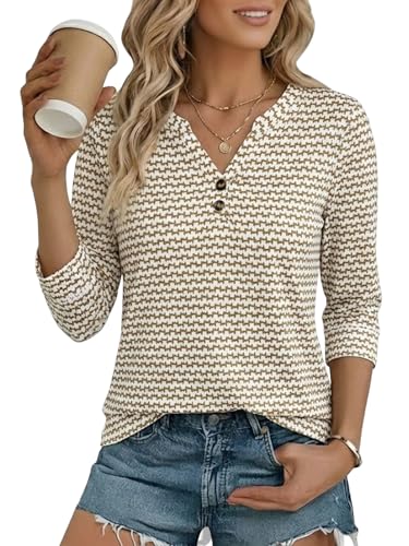 Cuptacc Bluse Damen Sommer Oberteile Modern Henley Shirt Damen Weich Tops Sommer Elegant Landhausmode Tops Braun-Welle XL 46-48