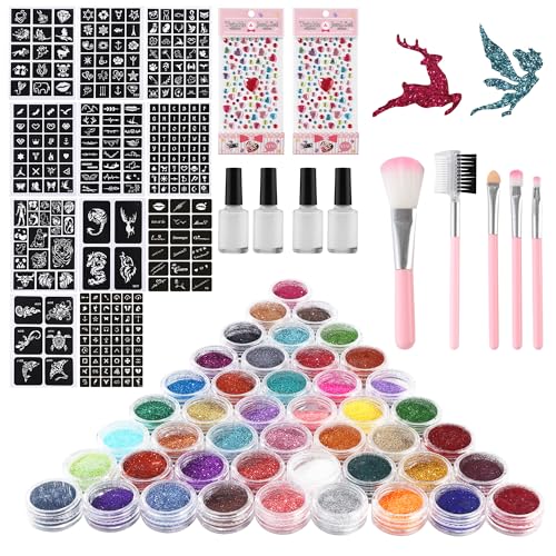 Glitzer Tattoo Set Kinder,48 Farben Glitzertattoos Kinder Set,Glitzer Tattoo Set,195 TattooSchablonen,2 Strass-Aufkleber,geeignetfürKarneval, Kindertag,Geburtstagsfeiern