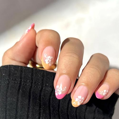 24 Stück pinkfarbene künstliche Fingernägel zum Aufkleben, kurze Mandelform mit weißen Hibiskusblüten, French-Tip-Nageldesign in Pink und Gelb, Acryl für Frauen und Mädchen, DIY-Nageldekoration
