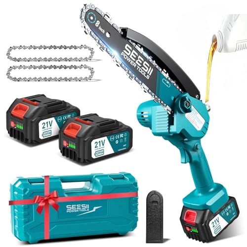 SEESII Akku Kettensäge 8 Zoll, Mini Kettensäge mit Akku 2x4000 mAh mit Ölsystem und Ersatzkette, Astsäge Akku Für Gartenarbeit und Brennholz, CH820+