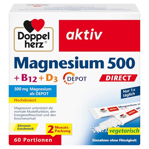 Doppelherz Magnesium 500 + B12 + D3 DIRECT mit DEPOT-Funktion - Magnesium als Beitrag für die normale Funktion der Muskeln und des Nervensystems - 60 Portionen Micro-Pellets mit Zitronen-Geschmack