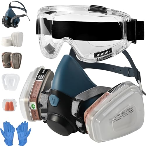 Tigvio Atemschutzmaske, Gasmaske Set, Staubmaske Staubschutzmaske für Lackieren Dämpfe Schutz Schleifen, Staubmasken Atemschutz Feinstaub, Schutzmaske mit Schutzbrille, Staubmaske mit Filter