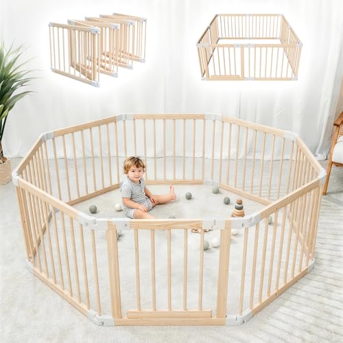 Laufstall Baby, Laufgitter Baby aus Holz, faltbar mit Tür & Sicherheitsverschluss, individuell formbarer Krabbelgitter Absperrgitter für Babys & Kleinkinder(141 * 141 * 61 cm)
