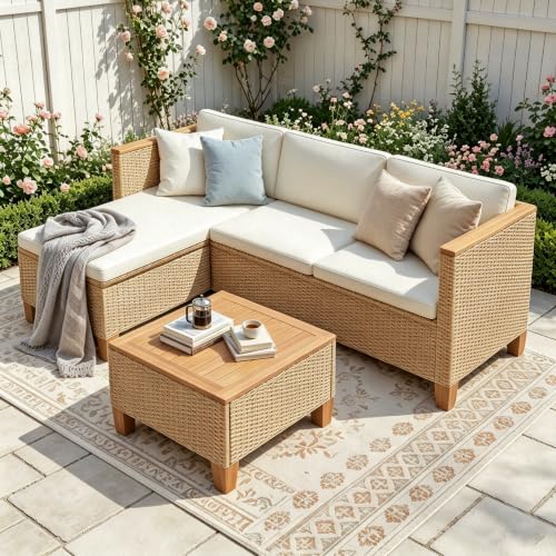 PHI VILLA 3 Teilig Gartenmöbel Set Balkonmöbel, Rattan Lounge Möbel Outdoor mit 1 Chaiselongue, 1 Zweisitzer-Sofa und 1 Kleiner Couchtisch, 4 Personen Terassenmöbel Außen Gartensofa