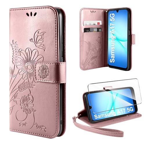 ivencase Handyhülle für Samsung Galaxy A17 5G Hülle mit Schutzfolie, Premium PU Flip Lederhülle Tasche Case Magnetknopf Kartenfach Schutzhülle für Samsung A17 5G - Roségold