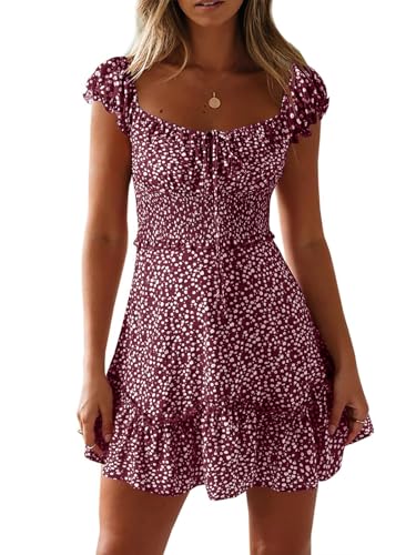 Cicy Bell Damen Sexy Sommerkleid Blumendruck Mini Kleid Weinrot XXL