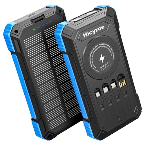 Solar Powerbank, 26800 mAh tragbares Ladegerät mit 4 integrierten Kabeln, Solar-Akkuladegerät mit USB-C Schnellladung, Qi-Wireless-Charging mit LED-Taschenlampen, für Handys, Tablets und Camping
